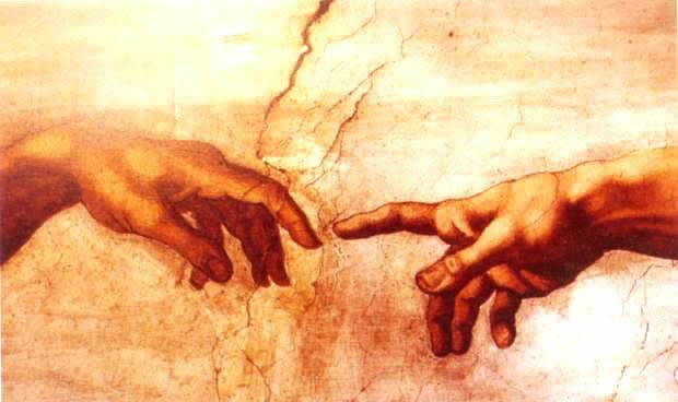 Рука Бога с мощным большим пальцем и вы- тянутым указательным оживляет Адама. Микслаиджело. Роспись плафона Сикстинской капеллы, фрагмент.